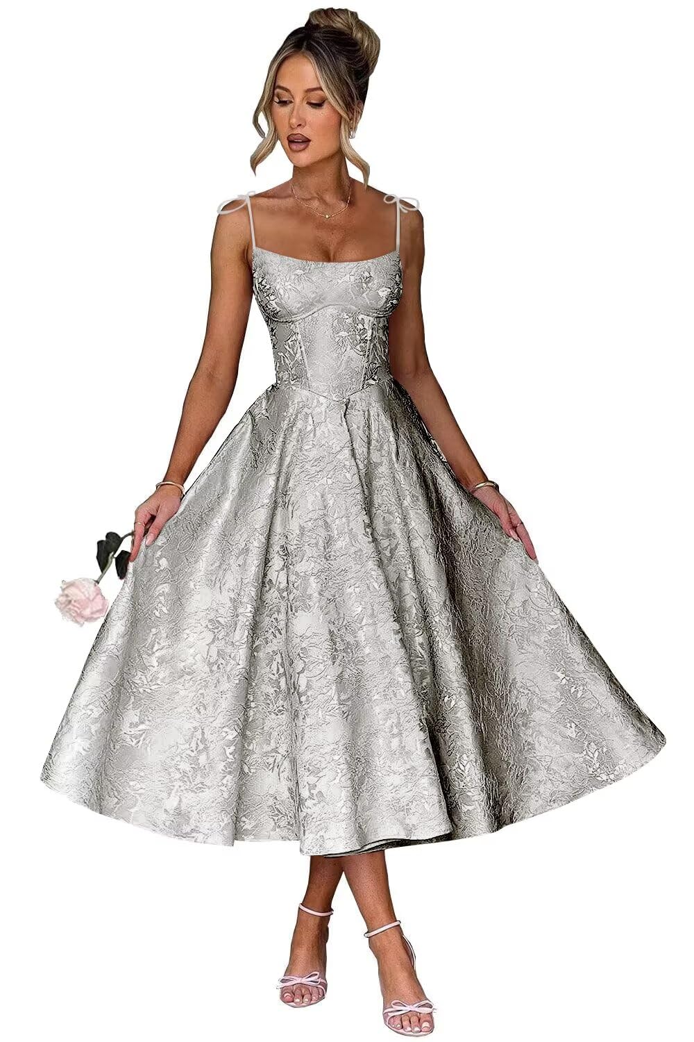 Jacquard Floral Satin Prom Dresses for Women 2026 Spaghetti Straps A-Line Midi Formal Evening Party Gown with Pockets
