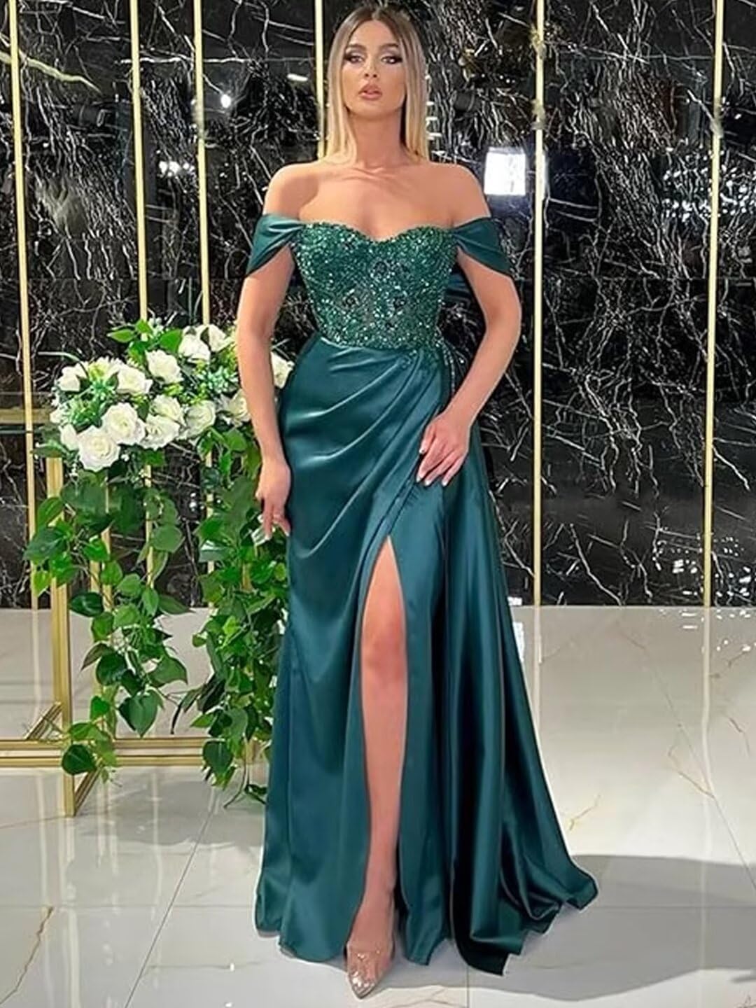 Off Shoulder Beaded Satin Bridesmaid Dresses for Women 2027 Mermaid Prom Dress with Slit