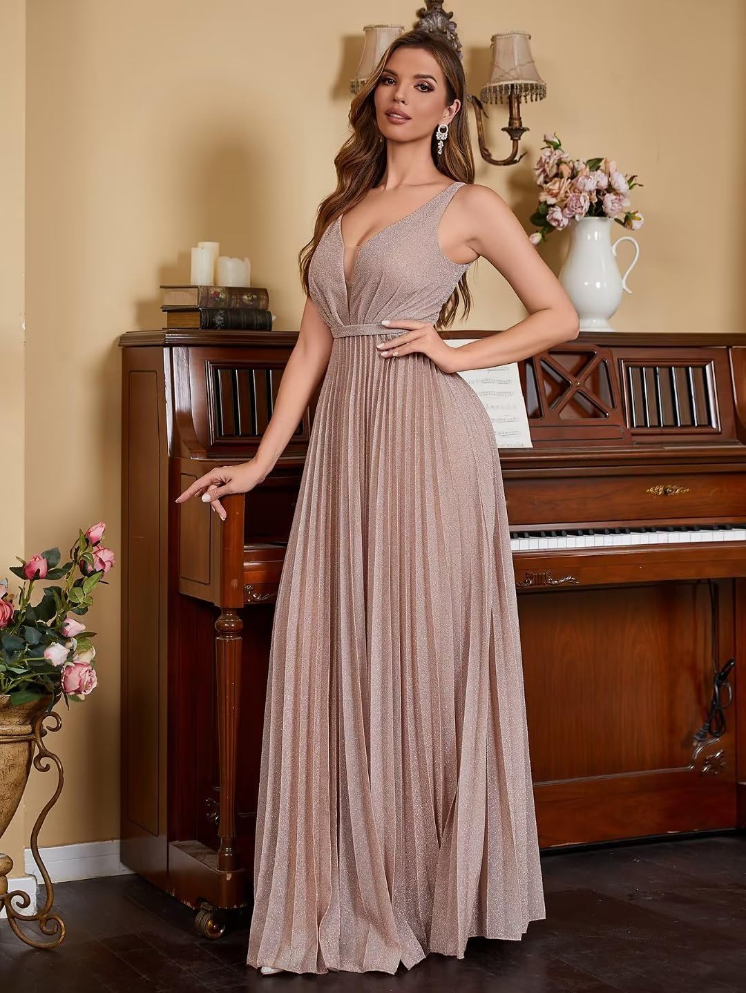 Spaghetti Strap Long Prom Dresses for Women 2026 Ball Gown A Line V-Neck Sparkly Formal Evening Gowns for Wedding