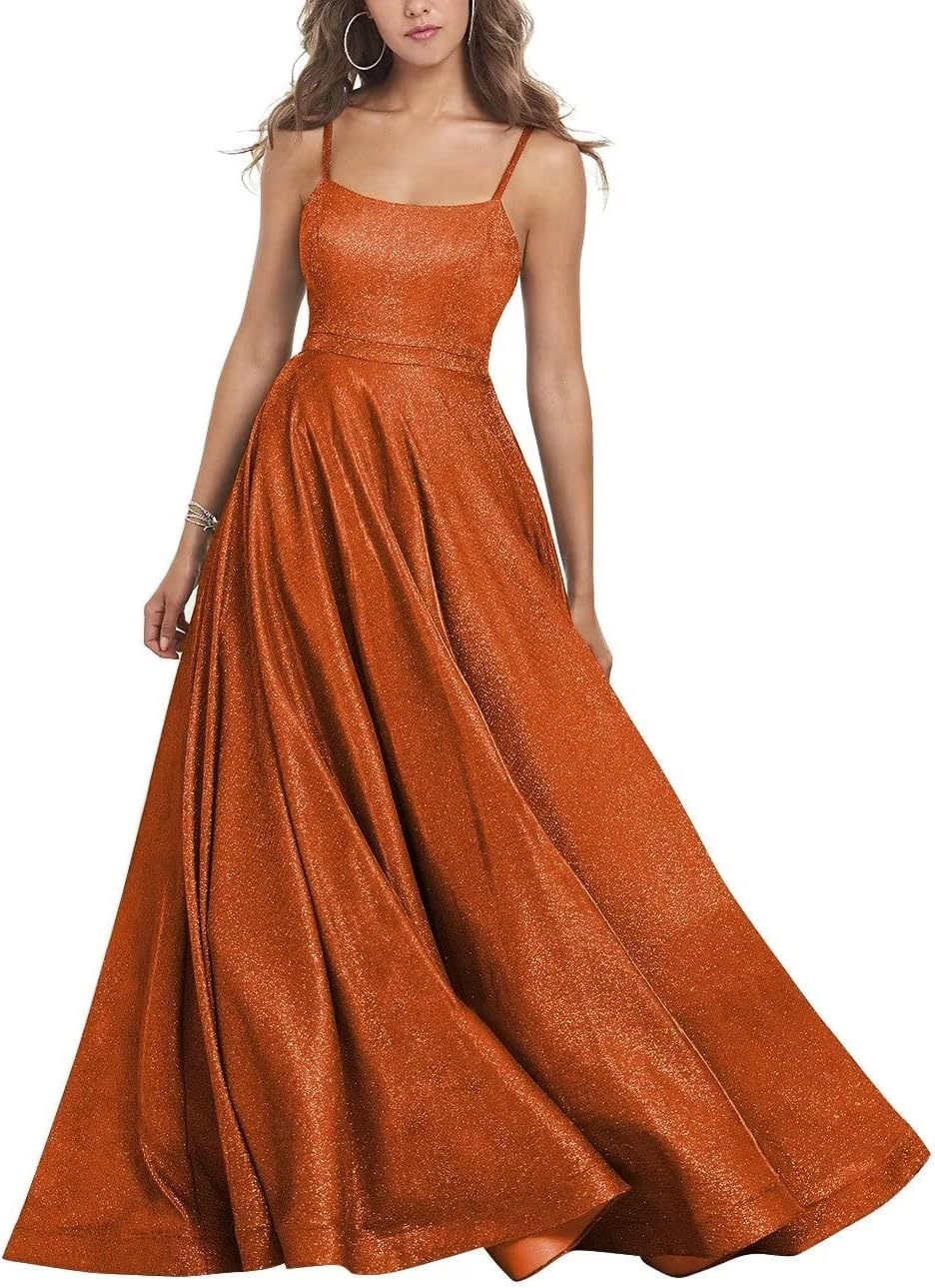 Women's Glitter Prom Dresses Long Ball Gown Spaghetti Straps Neck Formal Evening Party Dress for Teens