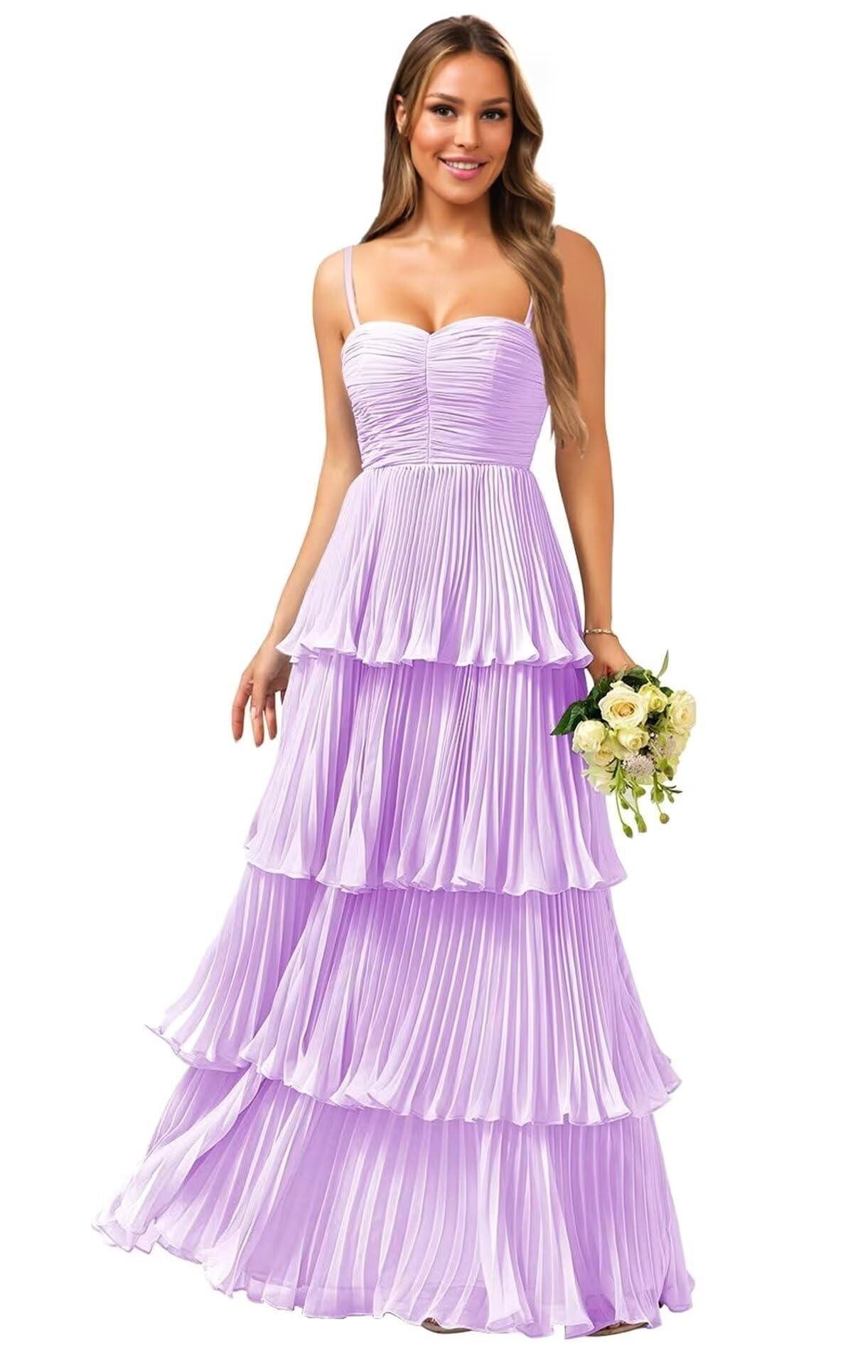 Tiered Ruffle Bridesmaid Dresses for Women Spaghetti Straps Long Chiffon Formal Evening Prom Gowns