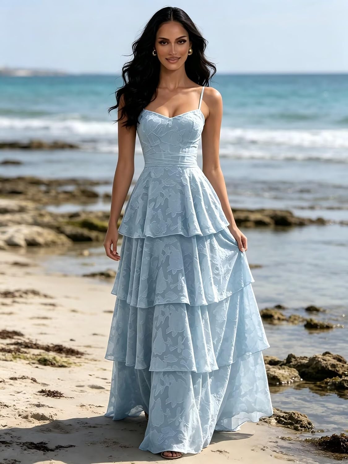 Jacquard Floral Bridesmaid Dresses for Women Long A-Line V Neck Lace Tiered Formal Evening Gown