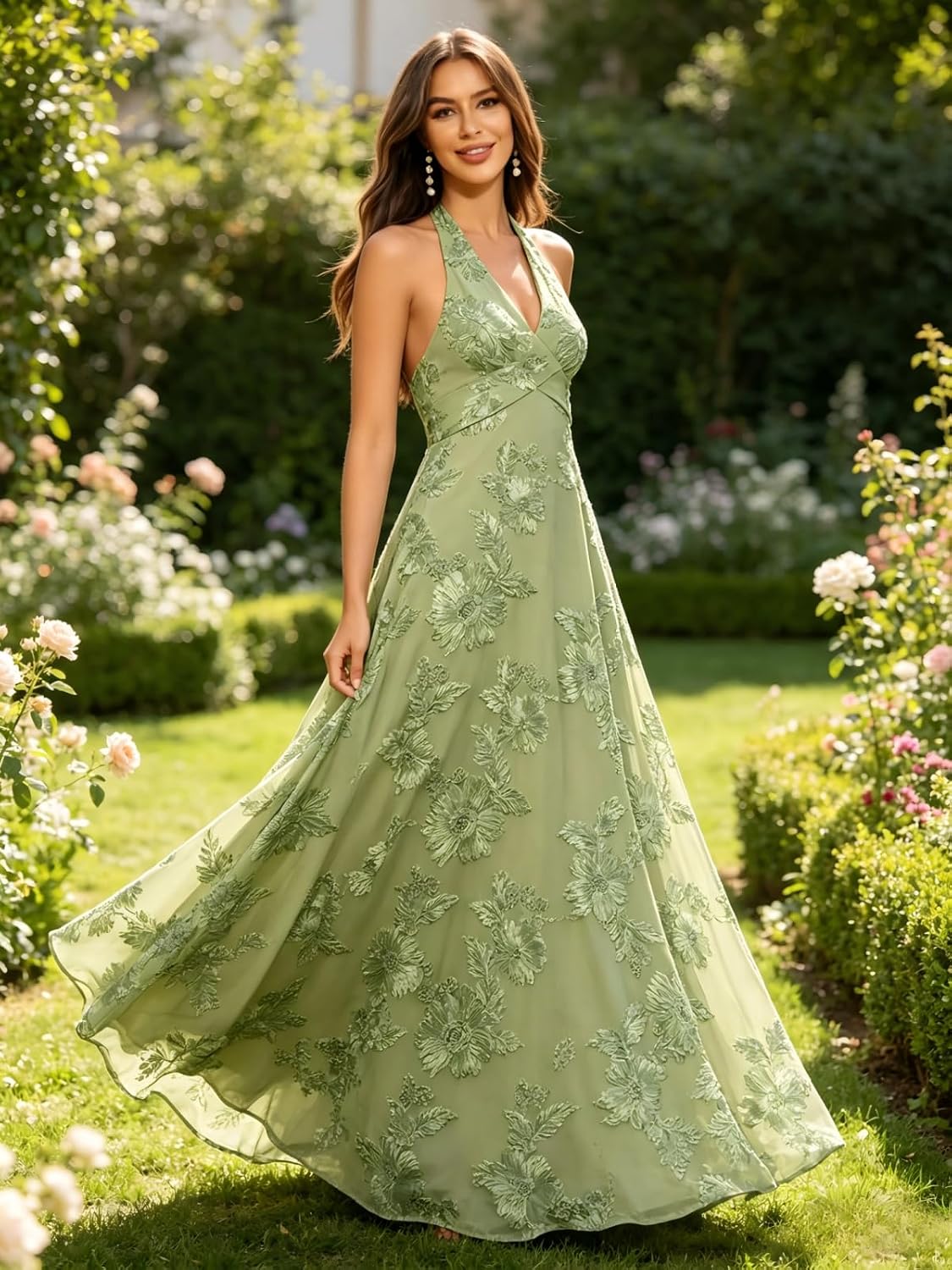 Jacquard Floral Lace Bridesmaid Dresses for Women Long A-Line Open Back Halter Formal Gown