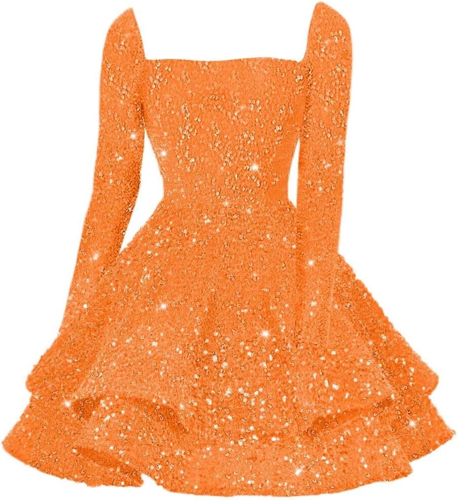 Sequin Short Homecoming Dress for Teen Sparkly Long Sleeve Prom Sweet 16 Dresses Cocktail Gowns