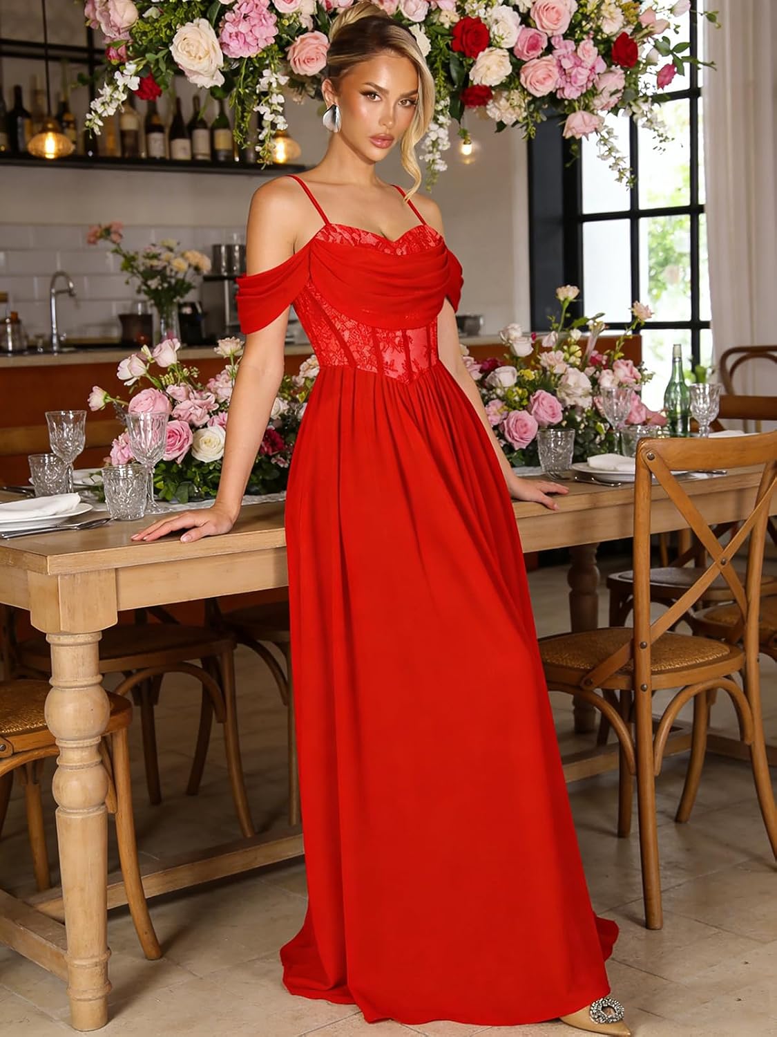 Off Shoulder Lace Applique Prom Dress with Slit A Line Ball Gown Pleated Corset Long Formal Evening Dresses