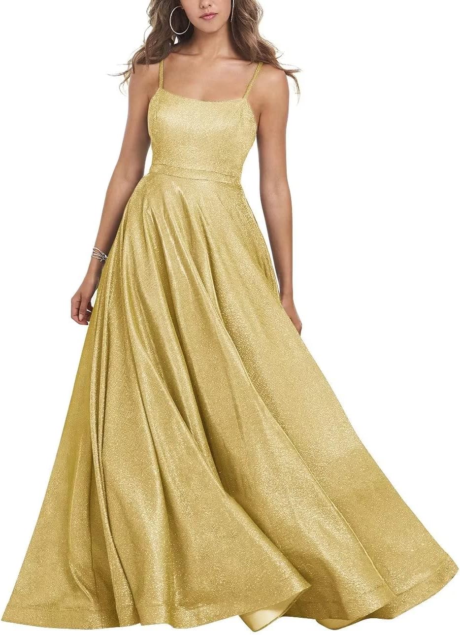 Women's Glitter Prom Dresses Long Ball Gown Spaghetti Straps Neck Formal Evening Party Dress for Teens