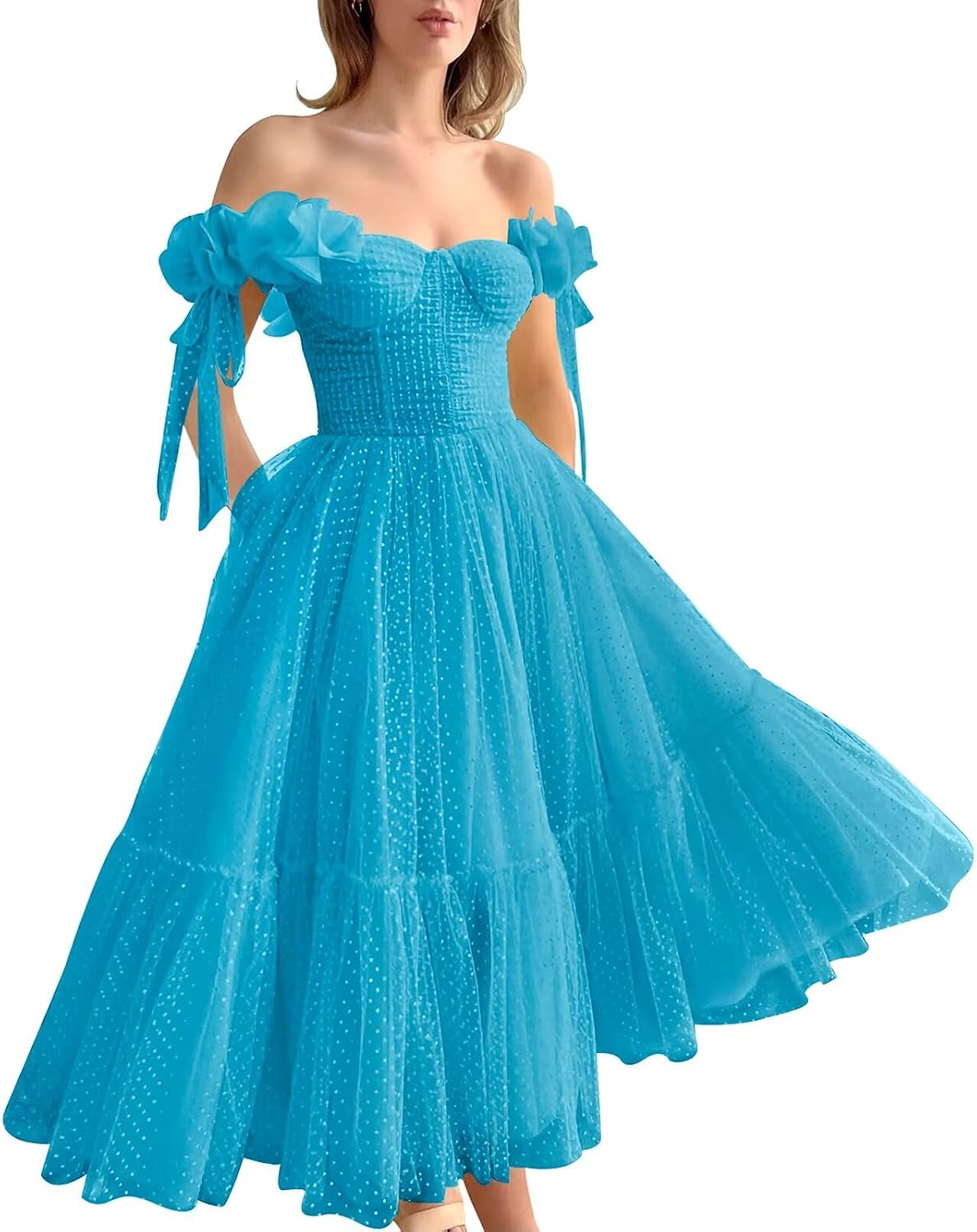 Dotted Tulle Off Shoulder Prom Dress for Women Sweetheart Midi Puffy Formal Party Gowns