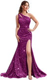 Kingbridal Gowns One Shoulder Sequin Prom Dresses with Slit 2026 Mermaid Formal Dress for Women Sparkly Ruched Evening Party Gowns
