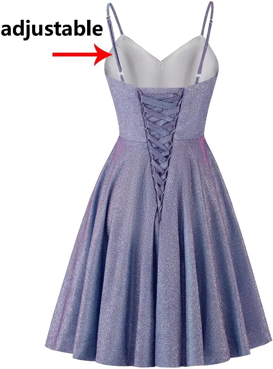 V Neck Homecoming Dresses for Teens Short Glitter Spaghetti Straps Prom Dress Formal Evening Party Gown with Pockets