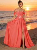 Off Shoulder Lace Applique Prom Dress with Slit A Line Ball Gown Pleated Corset Long Formal Evening Dresses
