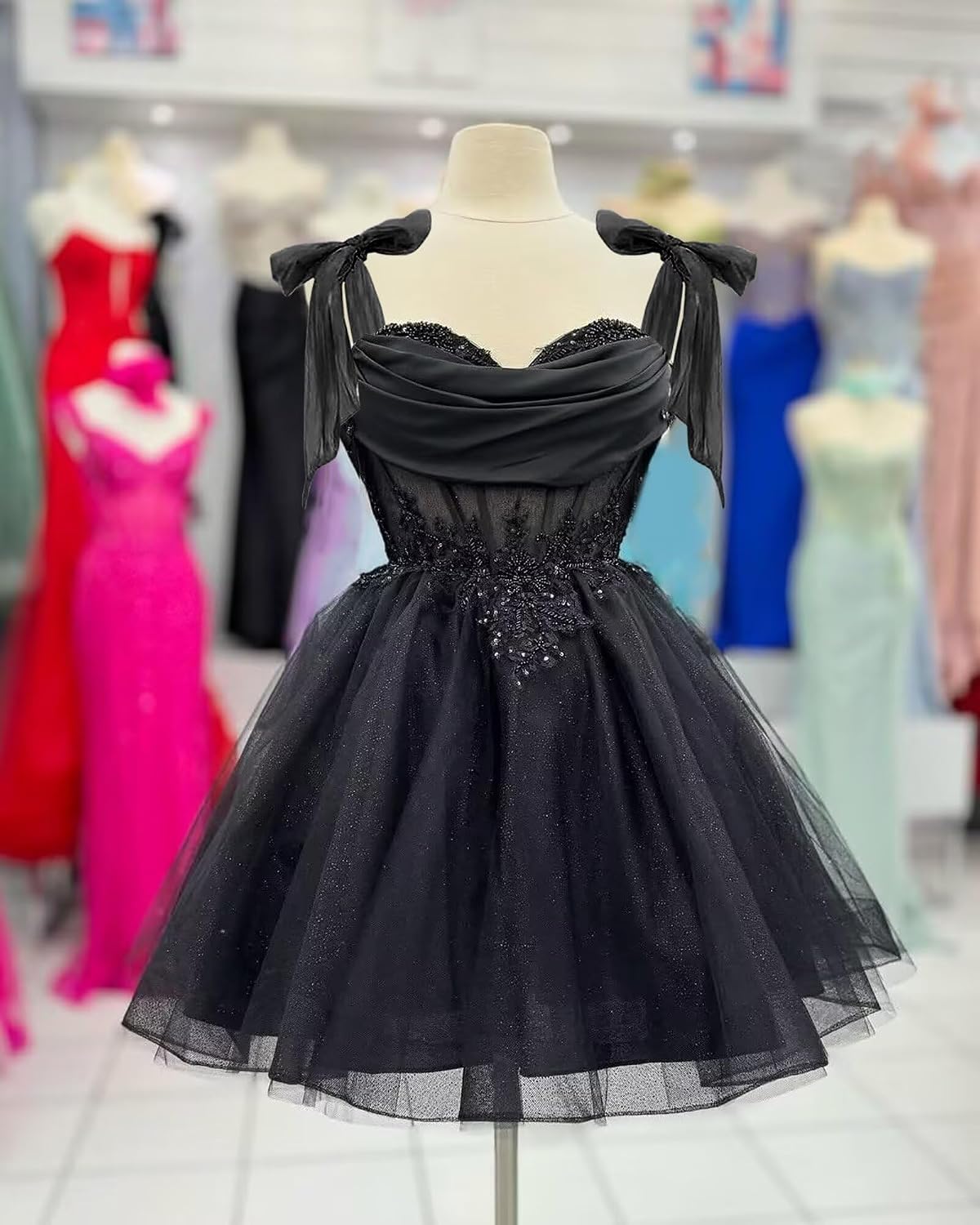 Tulle Short Homecoming Dress for Teens Sparkly Lace DAMA Dresses for Quinceanera Spaghetti Straps Bow Prom Gown
