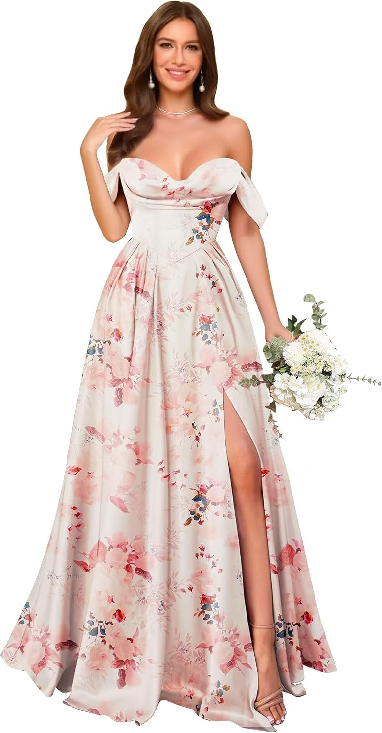 Off Shoulder Satin Bridesmaid Dresses Long Pleated Formal Dresses A Line Evening Gowns with Slit