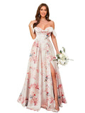 Off Shoulder Satin Bridesmaid Dresses Long Pleated Formal Dresses A Line Evening Gowns with Slit