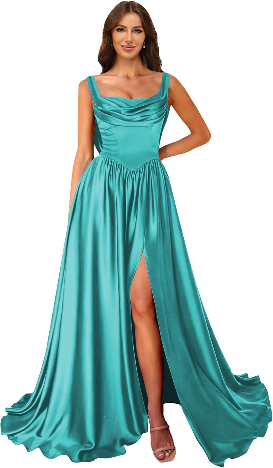 Cowl Neck Satin Prom Dresses Corset Ball Gown Long Puffy A-Line Formal Evening Gown with Slit