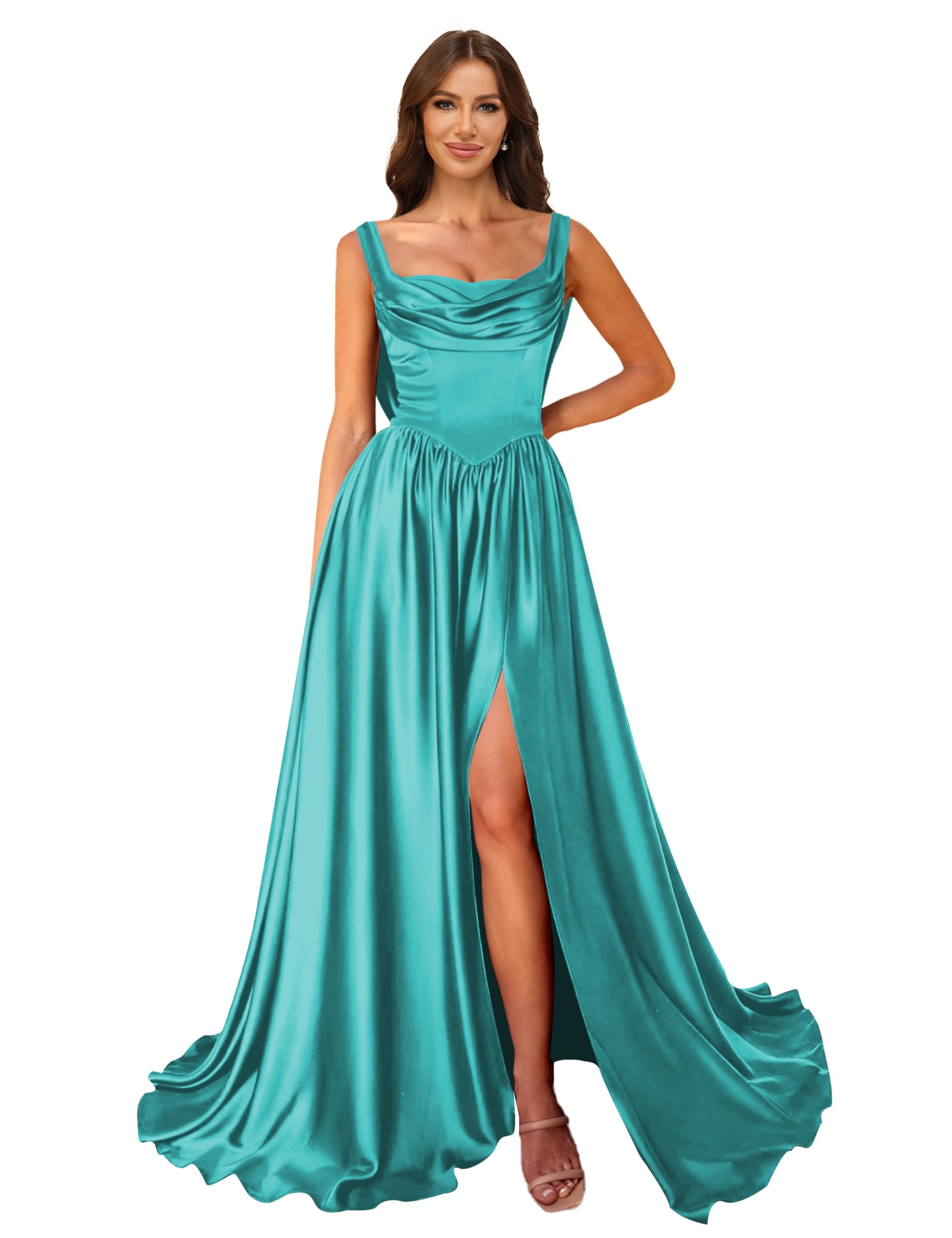 Cowl Neck Satin Prom Dresses Corset Ball Gown Long Puffy A-Line Formal Evening Gown with Slit