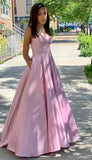 Women's Spaghetti Straps Satin Prom Dresses with Pockets V Neck Pleated Formal Evening Ball Gowns