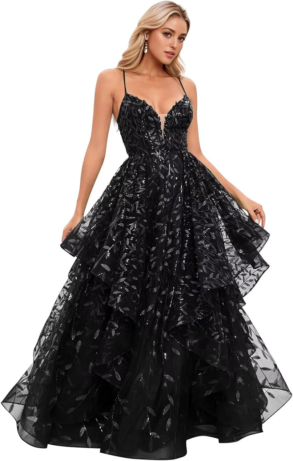 Spaghetti Strap Prom Dresses for Women V Neck Sparkly Sequin Tulle Tiered Ball Gown Long Formal Evening Dress