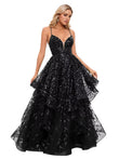Spaghetti Strap Prom Dresses for Women V Neck Sparkly Sequin Tulle Tiered Ball Gown Long Formal Evening Dress