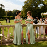 Off Shoulder Silk Satin Bridesmaid Dresses Long Pleated Formal Dresses A Line Evening Gowns with Slit
