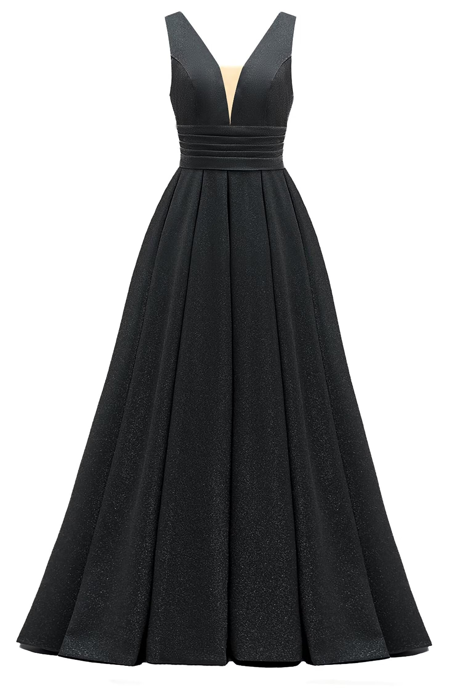 Glitter Satin Prom Dresses for Women Long V Neck A-Line Pleated Formal Evening Party Gowns with Pockets