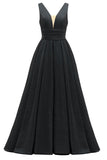 Glitter Satin Prom Dresses for Women Long V Neck A-Line Pleated Formal Evening Party Gowns with Pockets