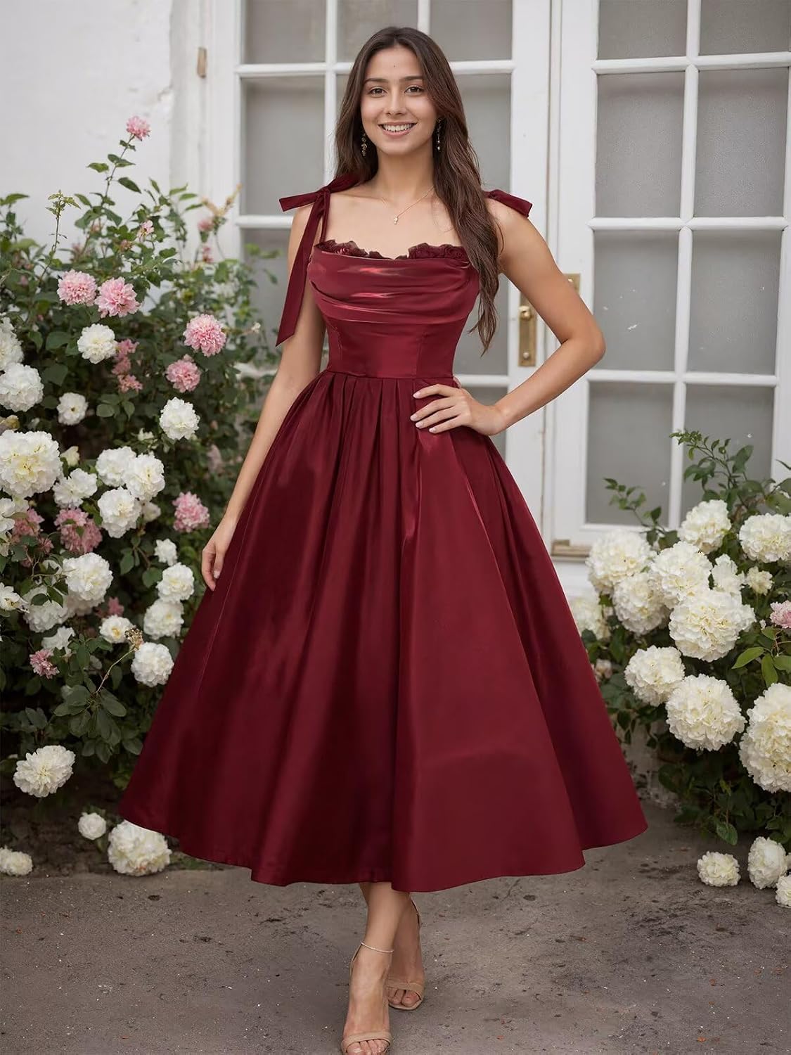 Satin Prom Dresses for Women Spaghetti Straps Corset A-Line Ball Formal Gowns Tea Length with Pockets