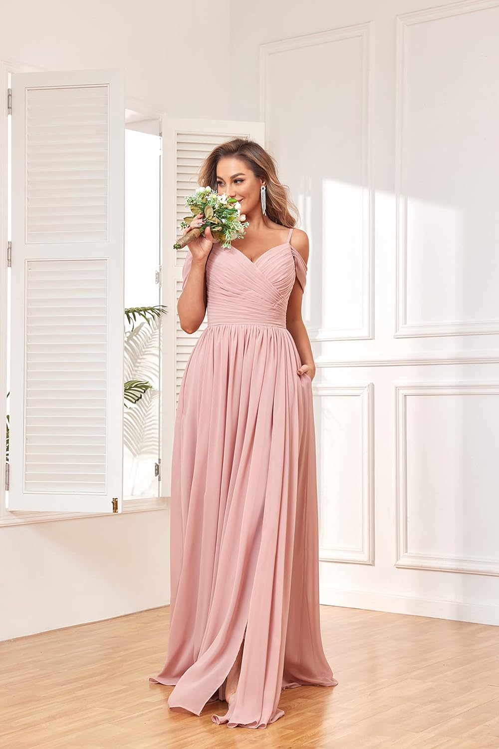 Women's Off Shoulder Bridesmaid Dress with Slit Chiffon Pleated Long Formal Dress
