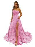 One Shoulder Sequin Prom Dresses for Women Long Sparkly A-Line Slit Formal Evening Party Ball Gowns with Pockets