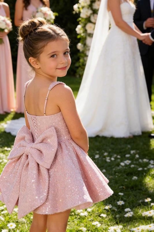 Sparkly Sequin Teen Flower Girl Dresses for Wedding Short Spaghetti Straps Cute Birthday Party Dress with Bow