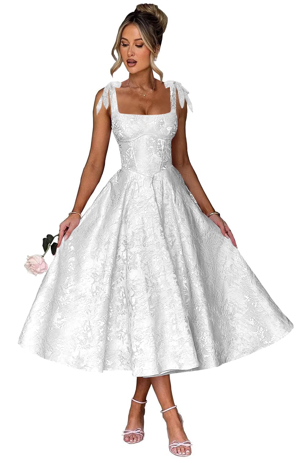 Women's Midi Bridesmaid Dresses Jacquard Satin with Bow Spaghetti Straps Square Neck Formal Wedding Guest Dress