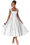 Women's Midi Bridesmaid Dresses Jacquard Satin with Bow Spaghetti Straps Square Neck Formal Wedding Guest Dress