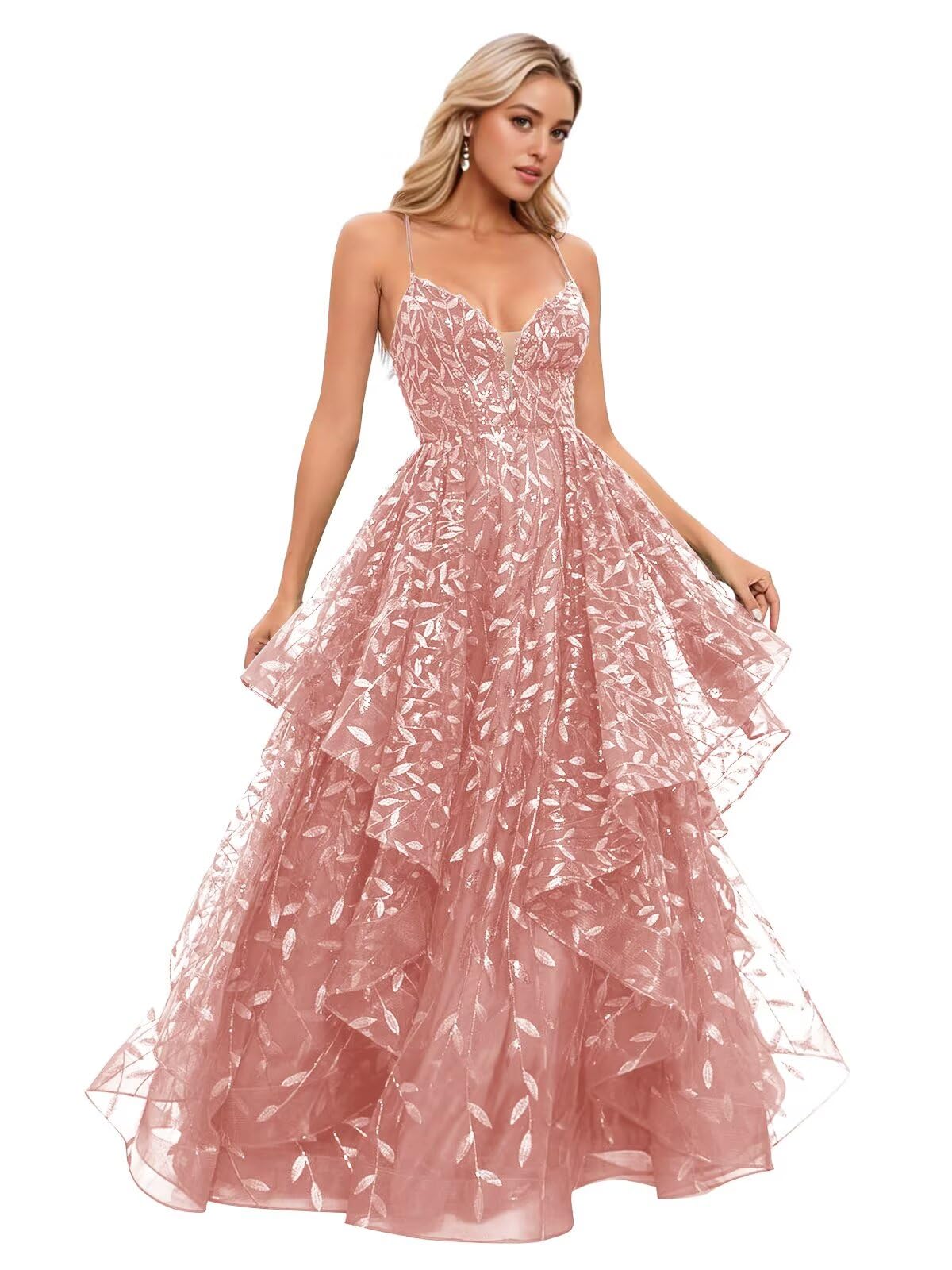 Spaghetti Strap Prom Dresses for Women V Neck Sparkly Sequin Tulle Tiered Ball Gown Long Formal Evening Dress