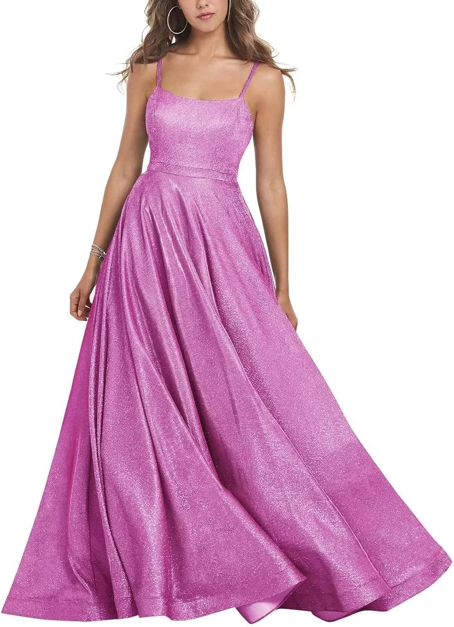 Women's Glitter Prom Dresses Long Ball Gown Spaghetti Straps Neck Formal Evening Party Dress for Teens