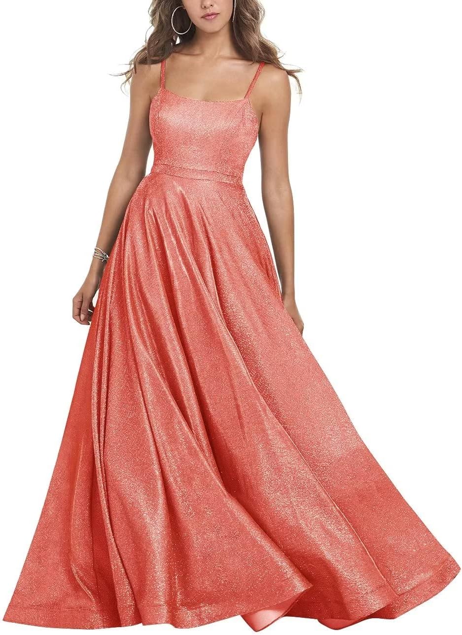 Women's Glitter Prom Dresses Long Ball Gown Spaghetti Straps Neck Formal Evening Party Dress for Teens