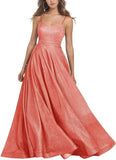 Women's Glitter Prom Dresses Long Ball Gown Spaghetti Straps Neck Formal Evening Party Dress for Teens