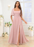 Square Neck Bridesmaid Dresses with Slit Pockets Flutter Sleeve Long Chiffon Formal Wedding Guest Dress