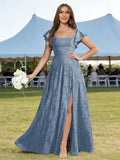 Floral Bridesmaid Dresses for Women Long A-Line Square Neck Lace Formal Evening Gown with Sleeves Slit