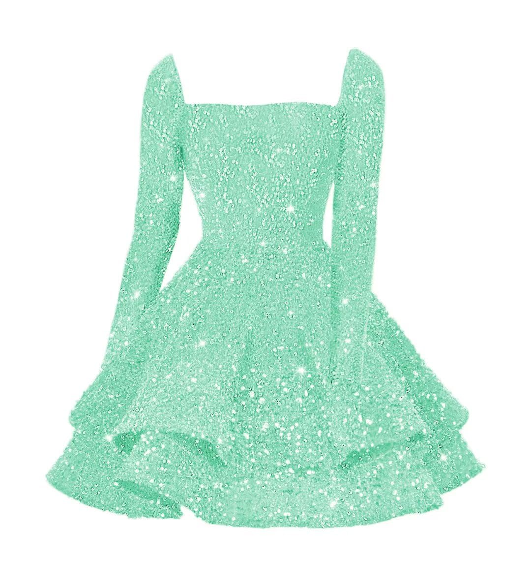 Sequin Short Homecoming Dress for Teen Sparkly Long Sleeve Prom Sweet 16 Dresses Cocktail Gowns