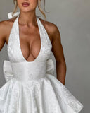 Satin Halter Homecoming Dresses for Teens 2027 V Neck Jacquard A-line Short Prom Cocktail Gowns with Bow