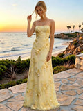 Floral Embroidery Prom Dresses for Women Spaghetti Straps A Line Formal Maxi Dress