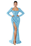 Mermaid Sequin Prom Dresses for Women 2026 Long Sleeve Ruched Formal Dress with Slit Sparkly Evening Party Gowns