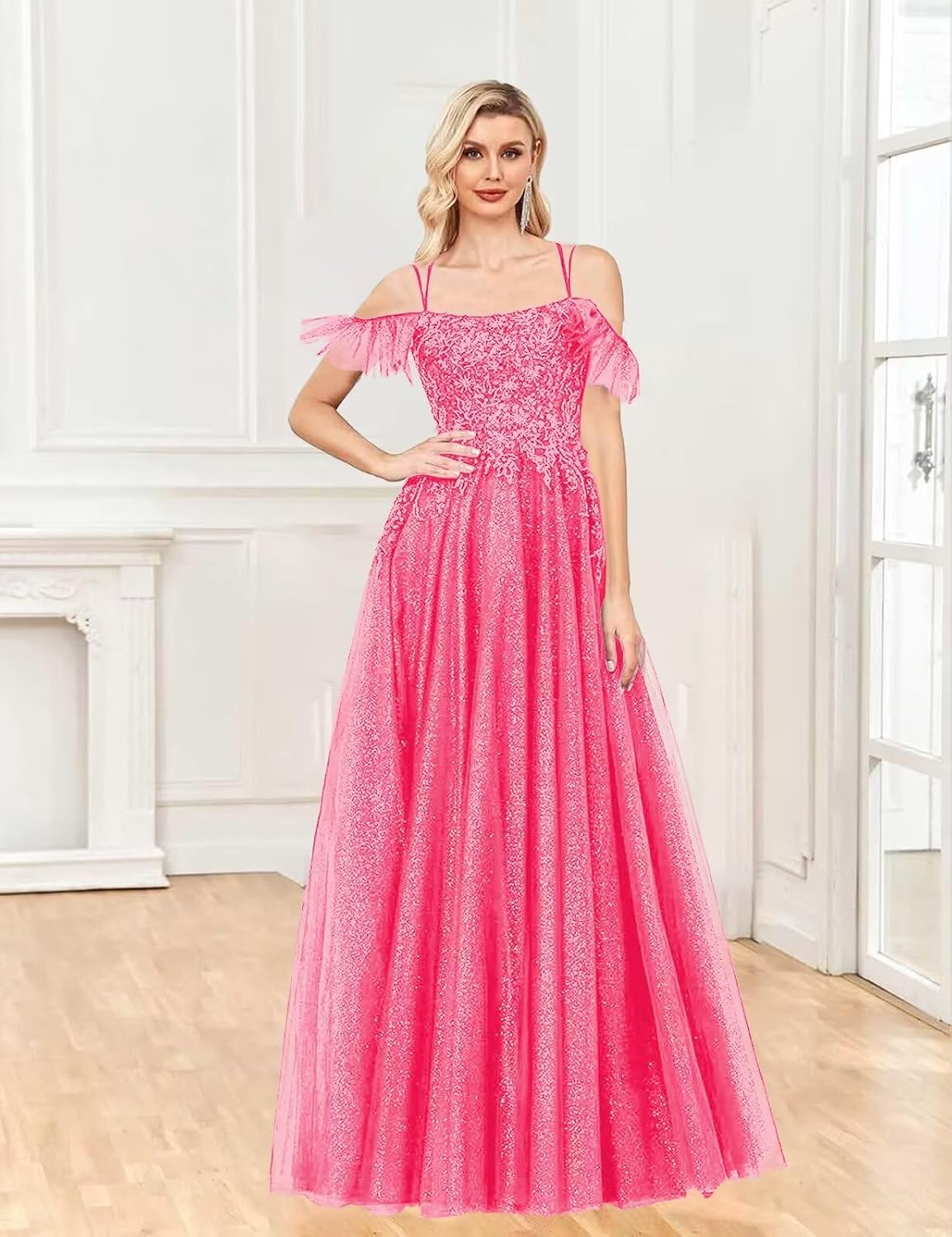 Off Shoulder Tulle Ball Gowns for Women Lace Appliques Beaded Prom Dress Sparkly Long A-line Evening Gowns