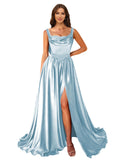 Cowl Neck Satin Prom Dresses Corset Ball Gown Long Puffy A-Line Formal Evening Gown with Slit