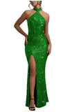 Sequin Mermaid Prom Dresses for Women Long Sparkly Halter-Neck Tight Backless Formal Evening Party Gowns with Slit