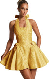 Satin Jacquard Halter Homecoming Dresses with Bow for Teens Mini A-Line Puffy Cocktail Corset Evening Party Gown