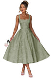 Floral Satin Jacquard Prom Dresses 2026 A-Line Tea Length Midi Square Neck Evening Party Gown with Pockets for Women