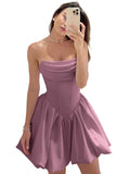 Satin Flower Bud Homecoming Dress Short Prom Dress Cowl Neck Pleated A Line Mini Cocktail Party Gown