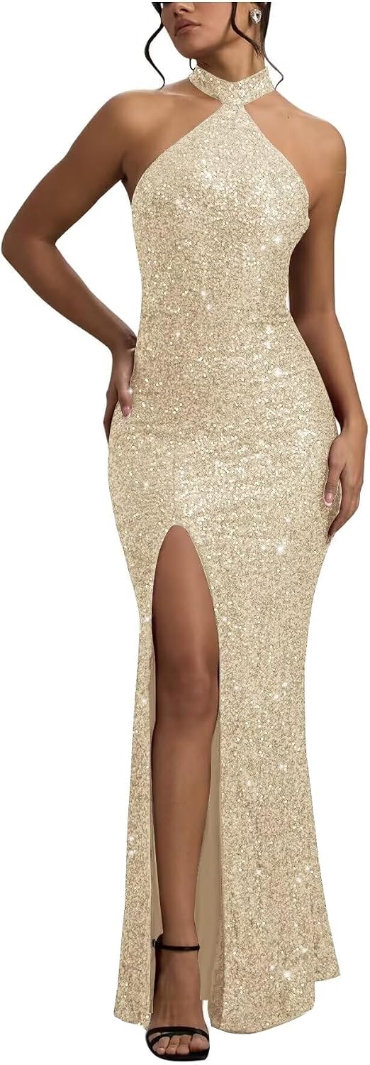 Sequin Mermaid Prom Dresses for Women Long Sparkly Halter-Neck Tight Backless Formal Evening Party Gowns with Slit