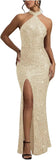 Sequin Mermaid Prom Dresses for Women Long Sparkly Halter-Neck Tight Backless Formal Evening Party Gowns with Slit