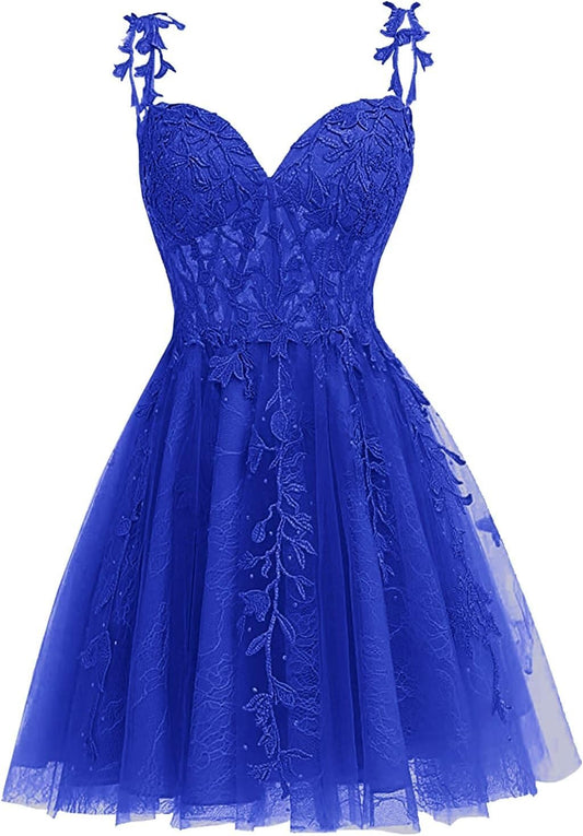 Vestidos de fiesta formales de noche con apliques de encaje de tul y tirantes finos, cortos, sin espalda 